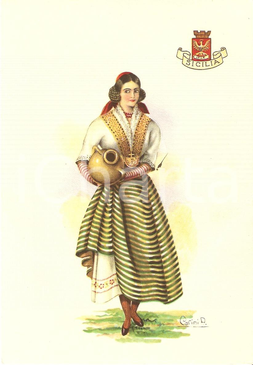 Cartolina originale da collezione 1950 ca SICILIA Costumi regionali Ill. A. CARINI Cartolina postale FG NV 1