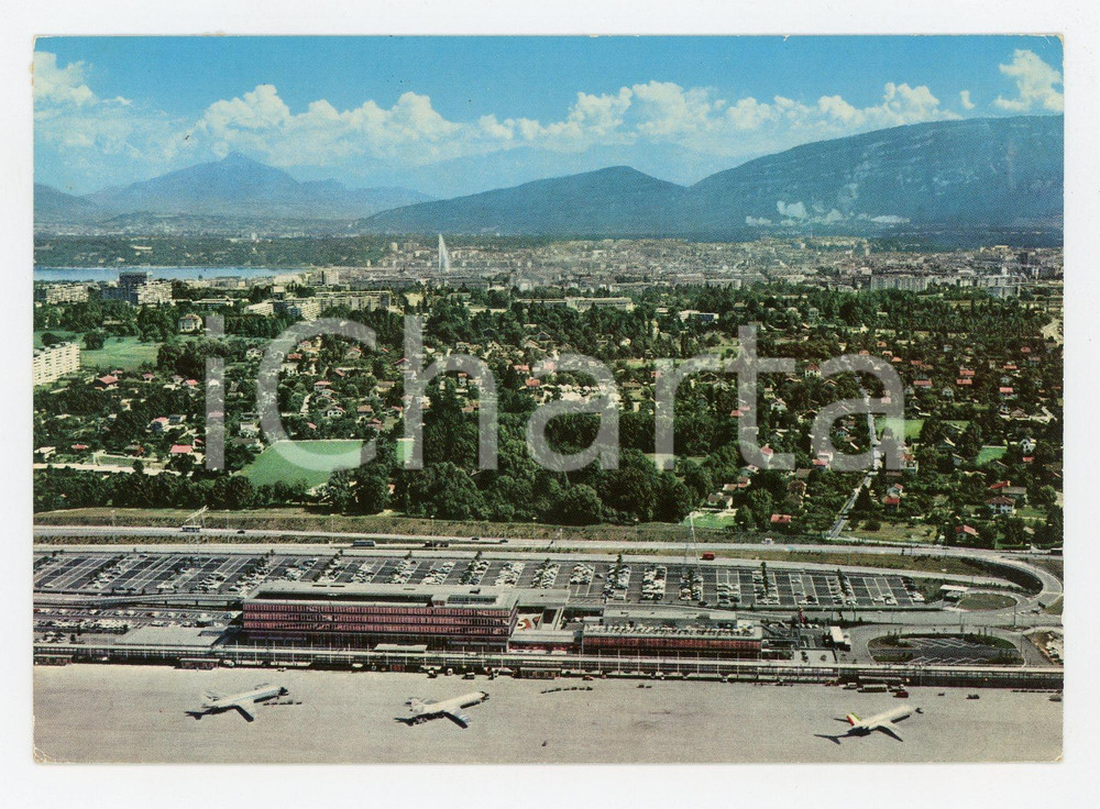 Cartolina originale da collezione 1971 GENEVE COINTRIN Vue aérienne aéroport et ville Cartolina VINTAGE FG VG 1