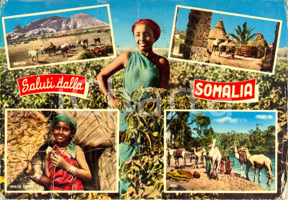 Cartolina originale da collezione 1969 SOMALIA Vedutine di BURHAKABA e del fiume GIUBA GRAVEMENTE DANNEGGIATA 1