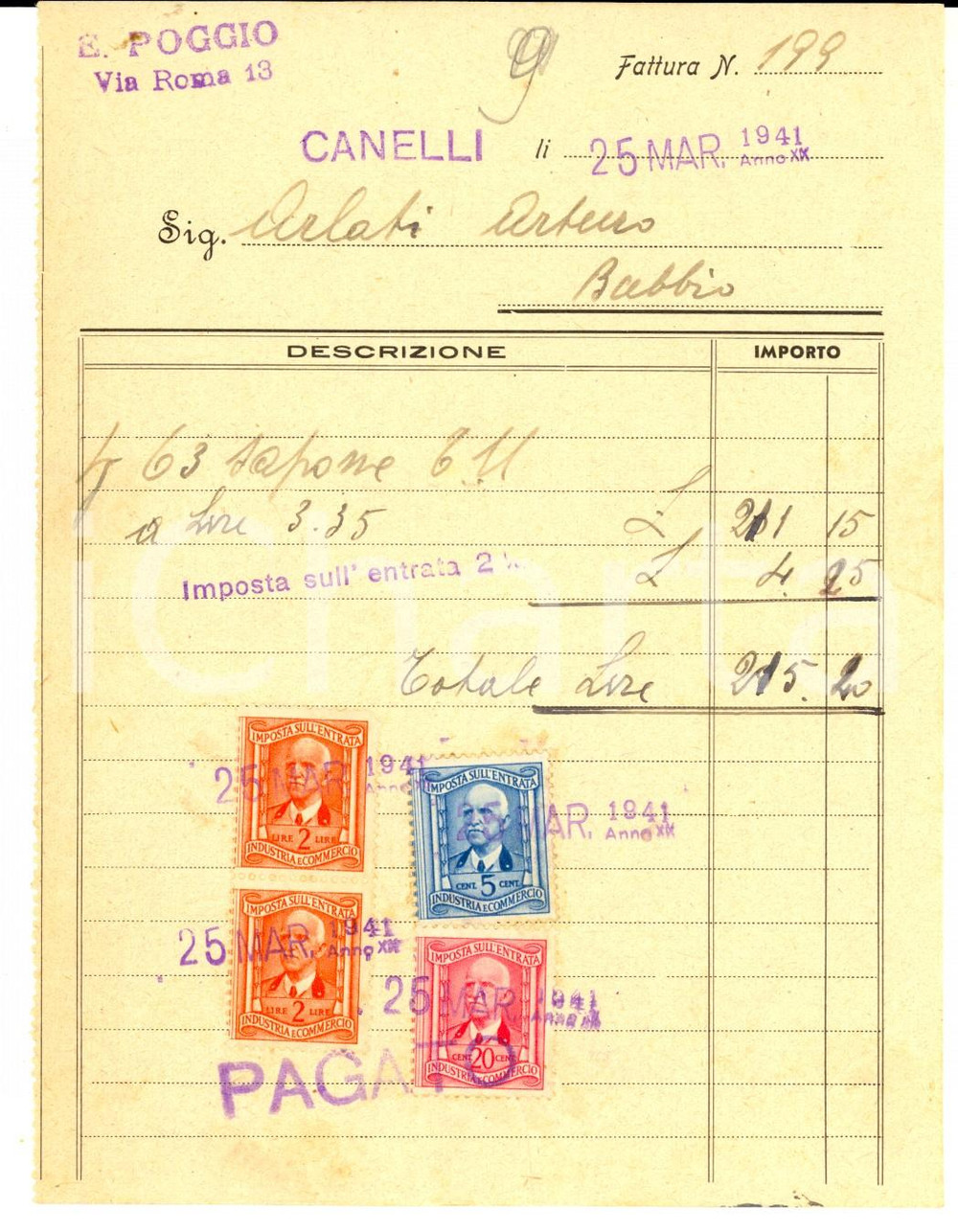Documento originale, autentico 1941 CANELLI CN Ditta E. POGGIO Fattura per sapone con marche da bollo 1
