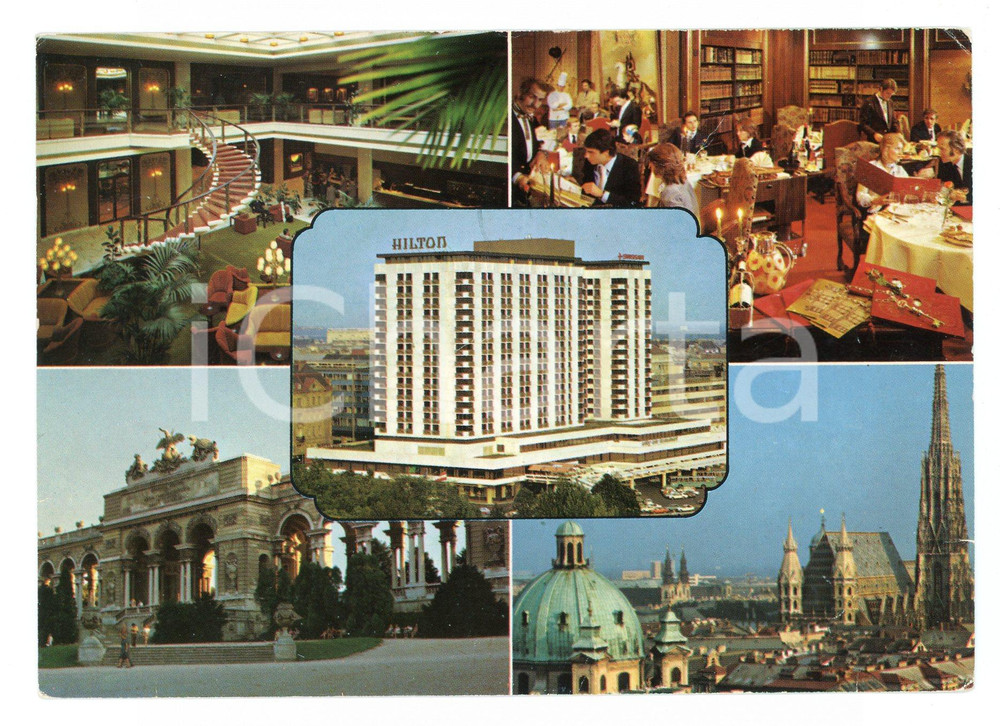Cartolina originale da collezione 1977 WIEN Hotel HILTON Vedutine GLORIETTE Schonbrunn Cartolina ANIMATA FG VG 1