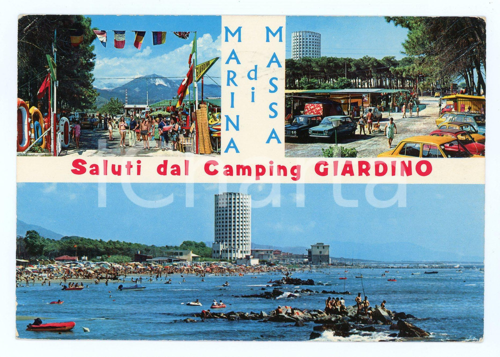 Cartolina originale da collezione 1981 MARINA DI MASSA MS Camping GIARDINO Vedutine Cartolina ANIMATA FG VG 1