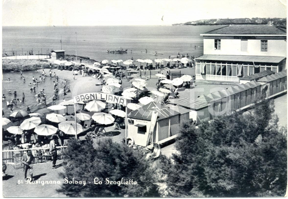 Cartolina originale da collezione 1956 ROSIGNANO SOLVAY Bagni LIANA Ristorante LO SCOGLIETTO *Cartolina ANIMATA 1