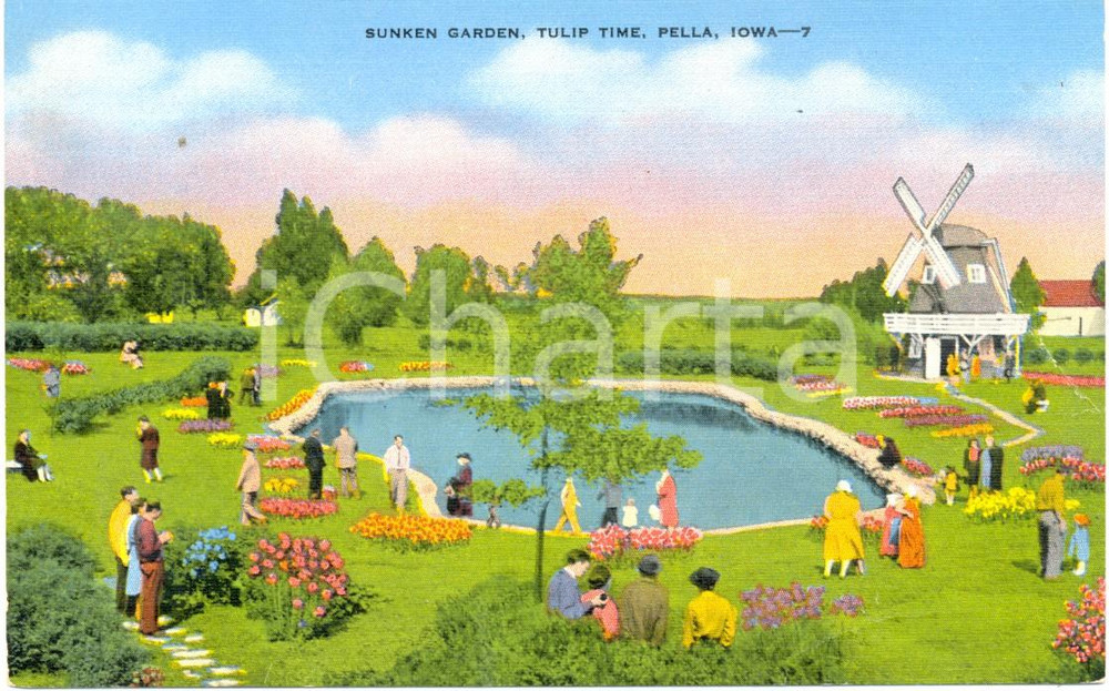 Cartolina originale da collezione 1950 ca PELLA, IOWA USA Il SUNKEN GARDEN a Tulip Time Cartolina ANIMATA FP NV 1