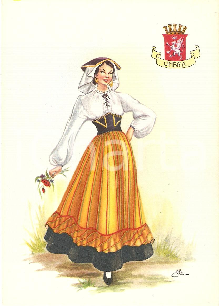 Cartolina originale da collezione 1950 ca UMBRIA Costumi regionali Ill. A. CARINI Cartolina postale FG NV 1