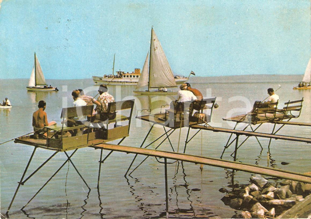 Cartolina originale da collezione 1965 ca LAGO BALATON UNGHERIA Postazioni dei pescatori Cartolina FG VG 1