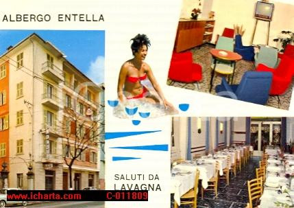 Cartolina originale da collezione 1980 LAVAGNA GE Albergo ENTELLA Vedutine con FIAT 500 Vintage Cartolina FG VG 1