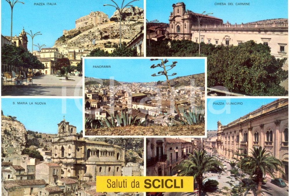 Cartolina originale da collezione 1965 ca SCICLI RG Vedutine Piazza ITALIA Chiesa del CARMINE Cartolina FG NV 1