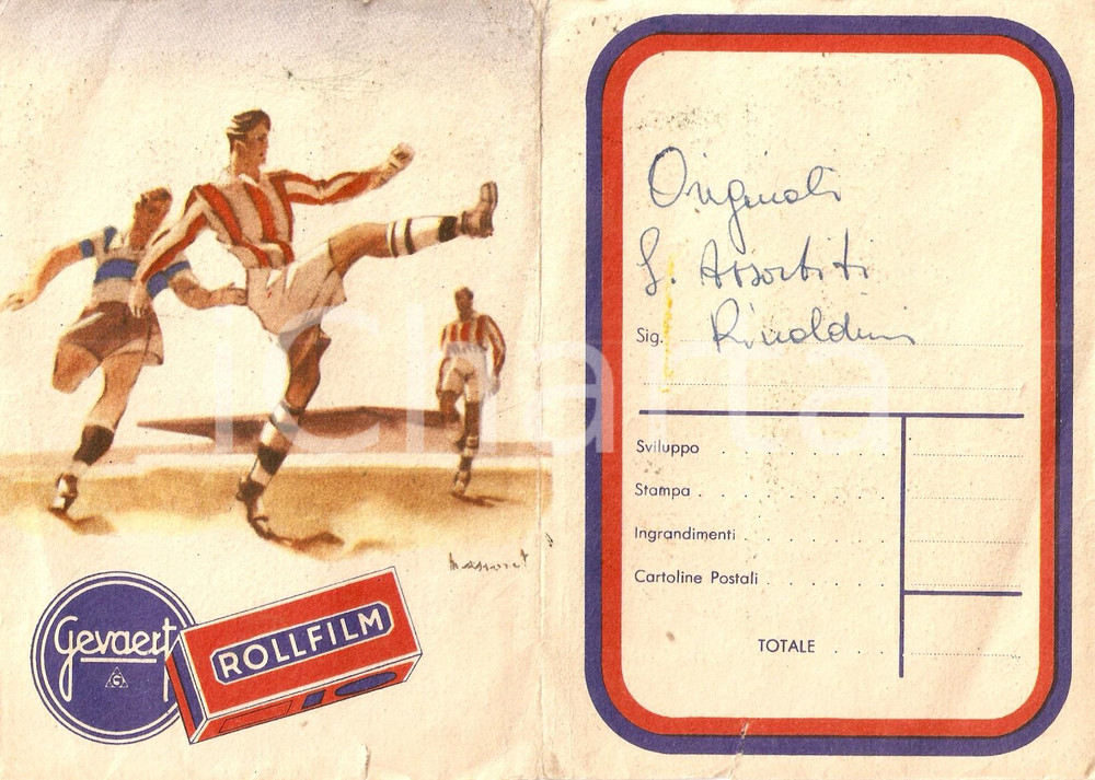 Materiale pubblicitario d’epoca 1950 ca GEVAERT  ROLLFILM Custodia porta negativi Ill. Armand MASSONET 1