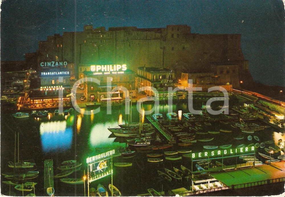 Cartolina originale da collezione 1974 NAPOLI Porticciuolo SANTA LUCIA e Castel DELL OVO Notturno Cartolina FG VG 1