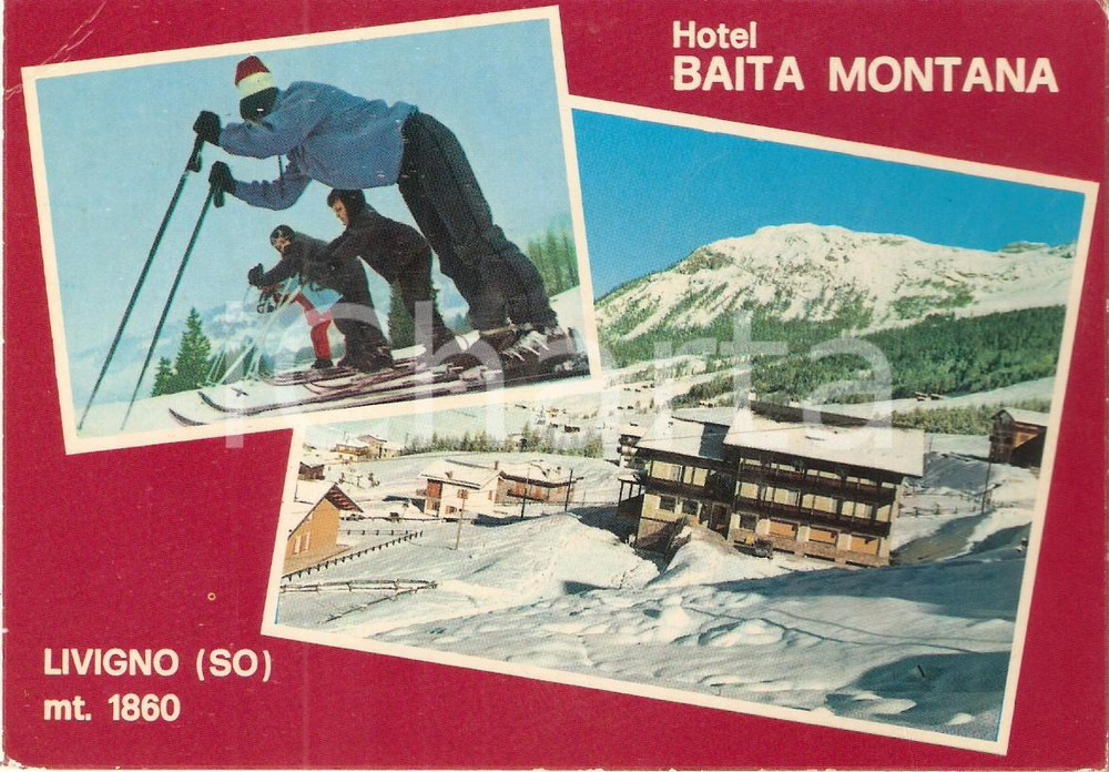 Cartolina originale da collezione 1970 ca LIVIGNO SO Hotel Baita Montana  Vedutine con sciatori Cartolina FG NV 1