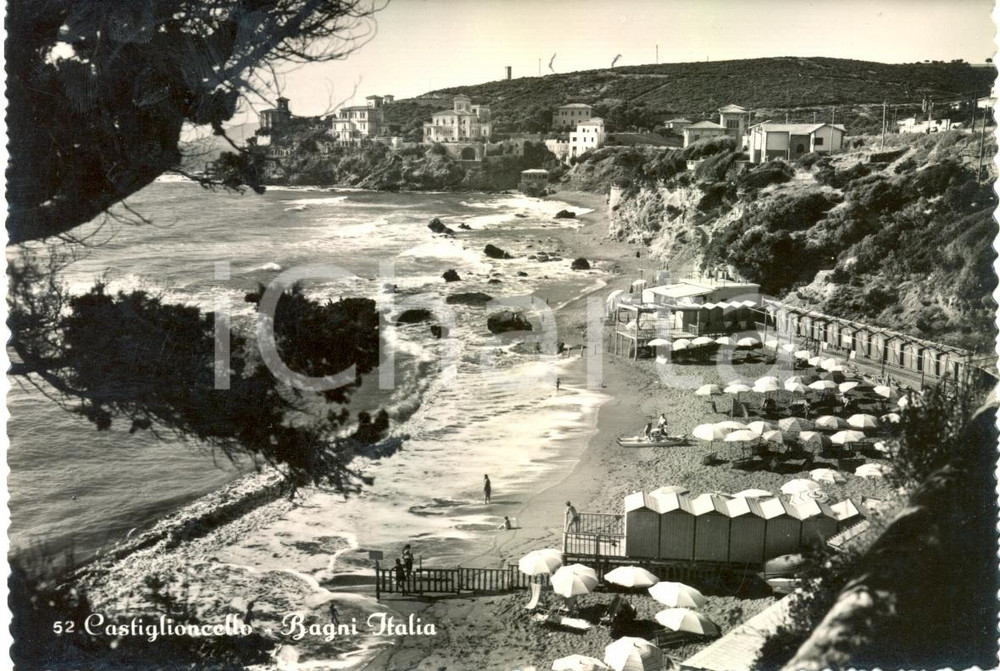 Cartolina originale da collezione 1953 LIVORNO Panoramica aerea bagni ITALIA a CASTIGLIONCELLO ANIMATA FG VG 1