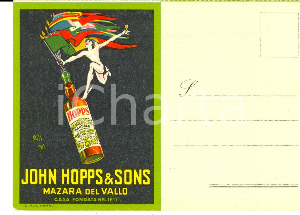 Materiale pubblicitario d’epoca 1923 MAZARA DEL VALLO Marsala John HOPPS & Sons Ill. Mario BAZZI Cartolina 4 1