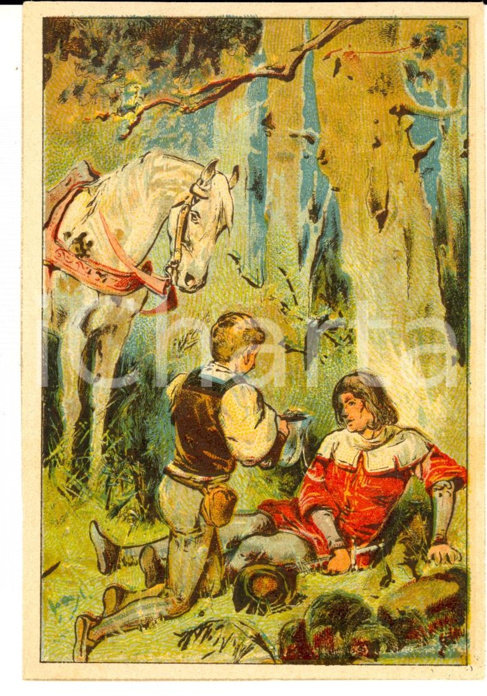 Oggetto da collezione cartaceo 1930 ca RACCONTI PER RAGAZZI Soccorso a un cavaliere ferito *Illustrazione 9x14 1