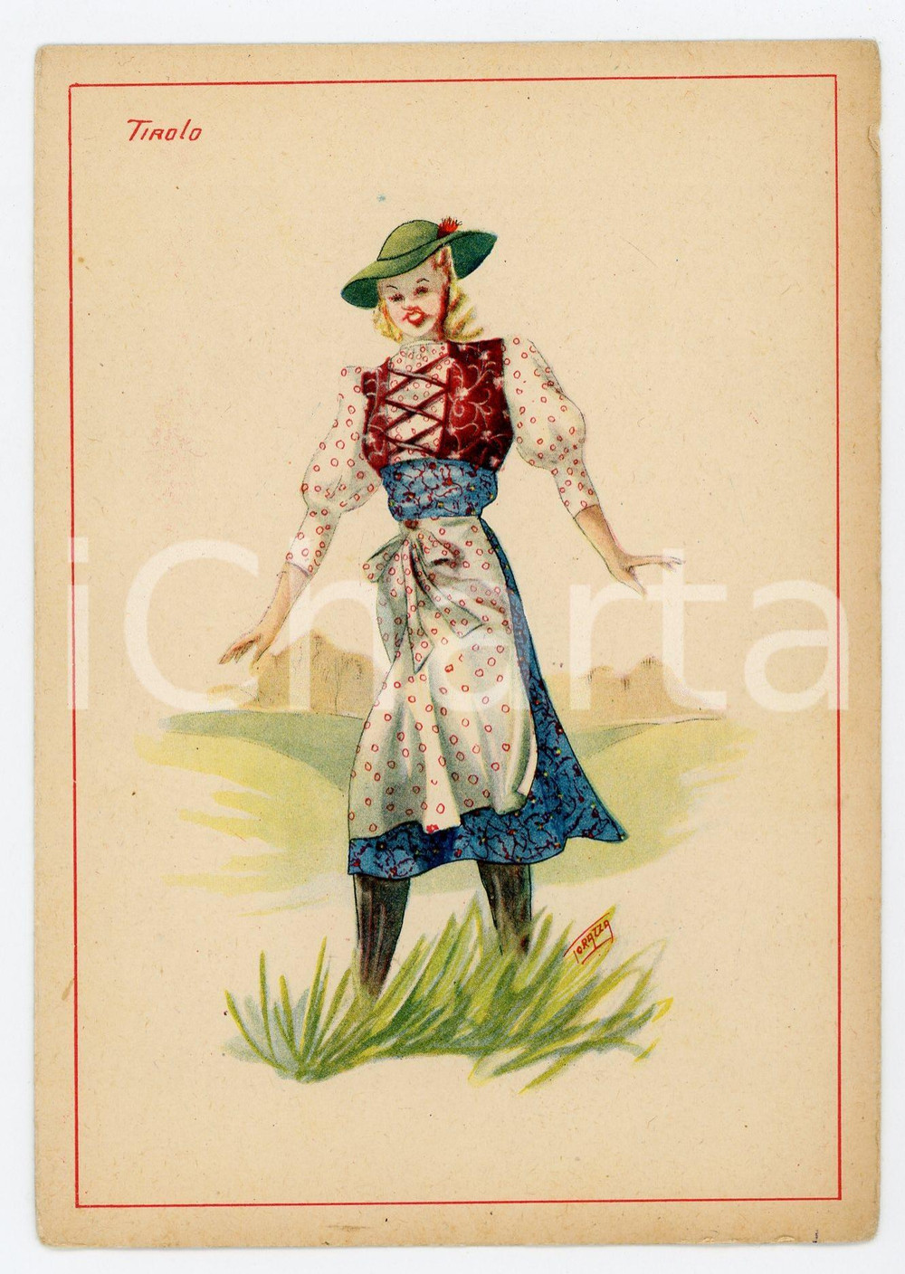 Cartolina originale da collezione 1960 ca BOLZANO Donna in costumi TIROLESI Illustratore TORAZZA Cartolina FG NV 1