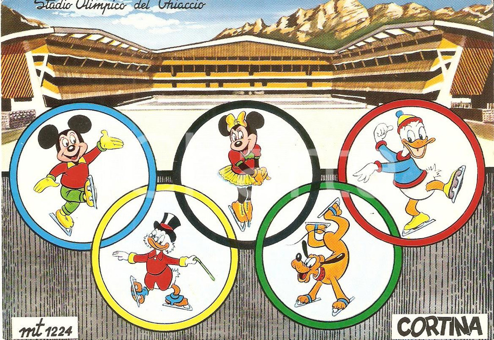 Cartolina originale da collezione 1965 CORTINA D AMPEZZO Topolino e Paperino allo Stadio del ghiaccio Cartolina FG 1