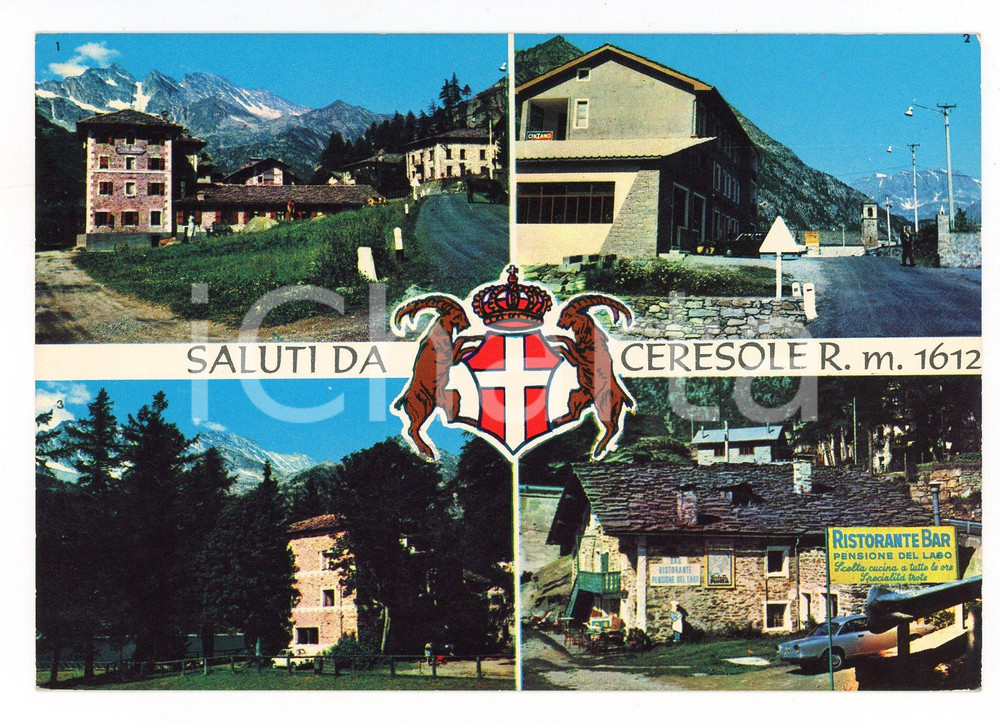 Cartolina originale da collezione 1970 ca CERESOLE REALE TO Vedutine Pensione DEL LAGO Cartolina ANIMATA FG NV 1