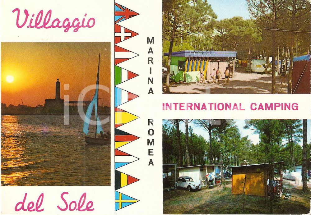 Cartolina originale da collezione 1967 RAVENNA  MARINA ROMEA Citroen 2CV al Villaggio del sole Cartolina FG VG 1