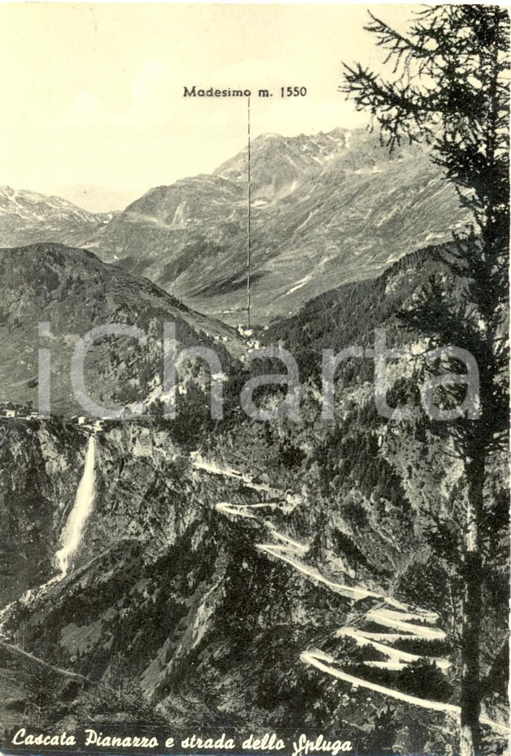 Cartolina originale da collezione 1955 MADESIMO (SO) Veduta della Cascata PIANAZZO e strada dello SPLUGA *FG VG 1
