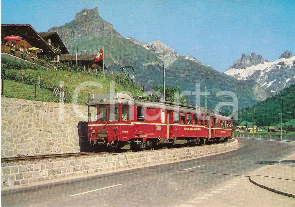 Cartolina originale da collezione 1975 ca ENGELBERG SVIZZERA Ferrovia LSE Treno con Monte HAHNEN Cartolina FG 1