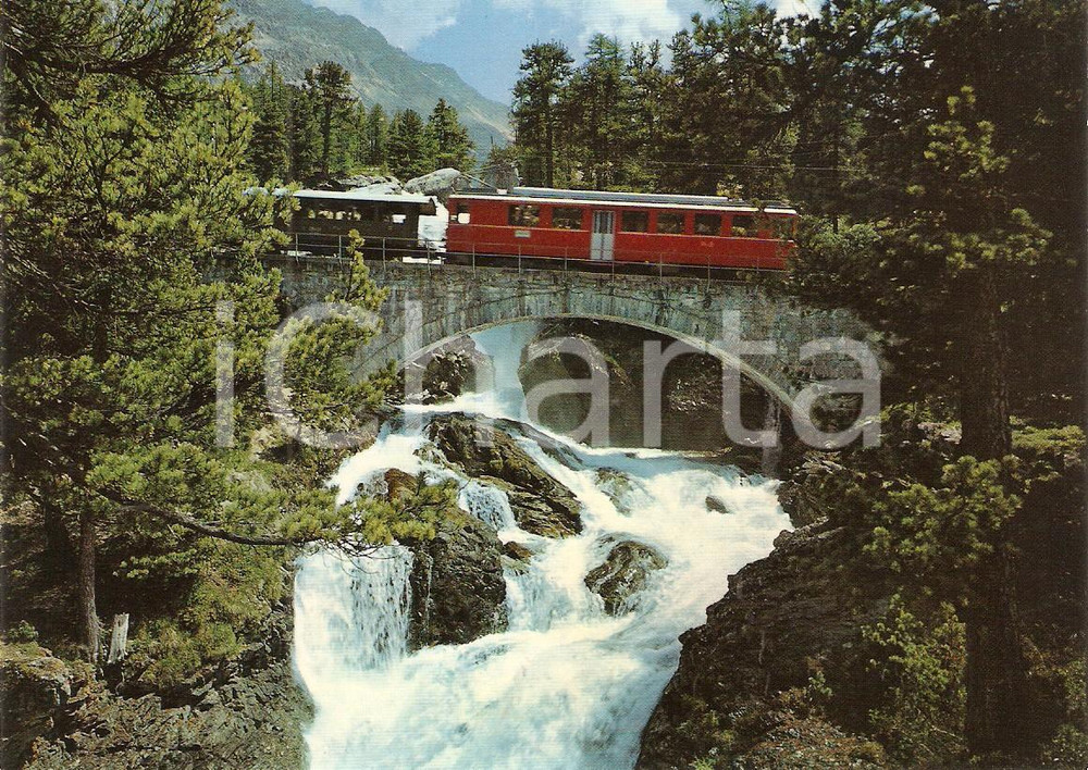 Cartolina originale da collezione 1975 ca SVIZZERA Berninabahn Locomotiva attraversa Cascate MORTERATSCH Cartolina 1