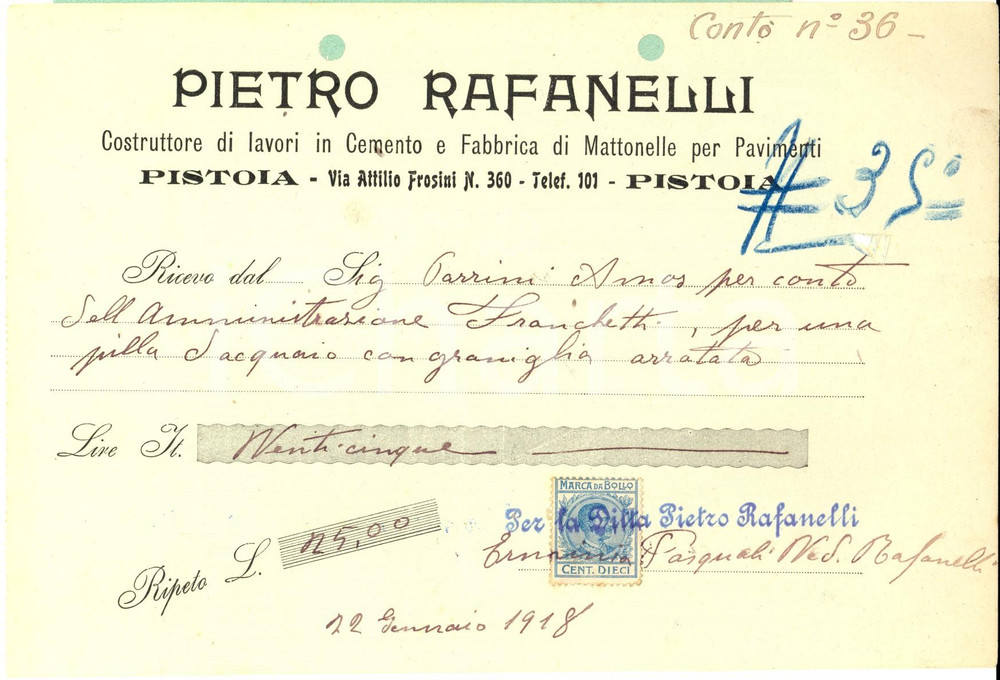 Documento originale, autentico 1918 PISTOIA Pietro RAFANELLI Lavori in cemento e fabbrica mattonelle *Ricevuta 1