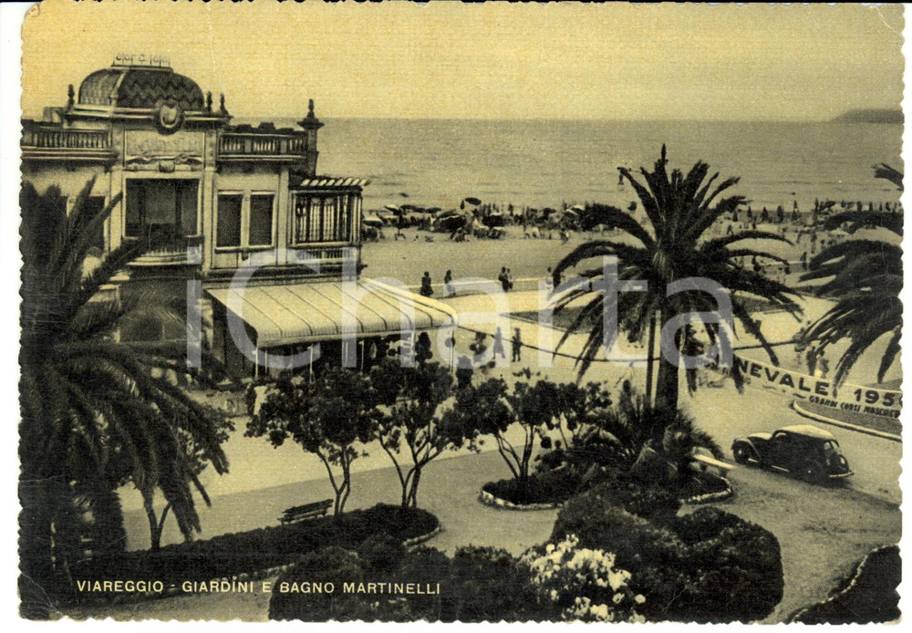 Cartolina originale da collezione 1954 VIAREGGIO (LU) Veduta giardini e Bagno MARTINELLI *Cartolina ANIMATA FG VG 1