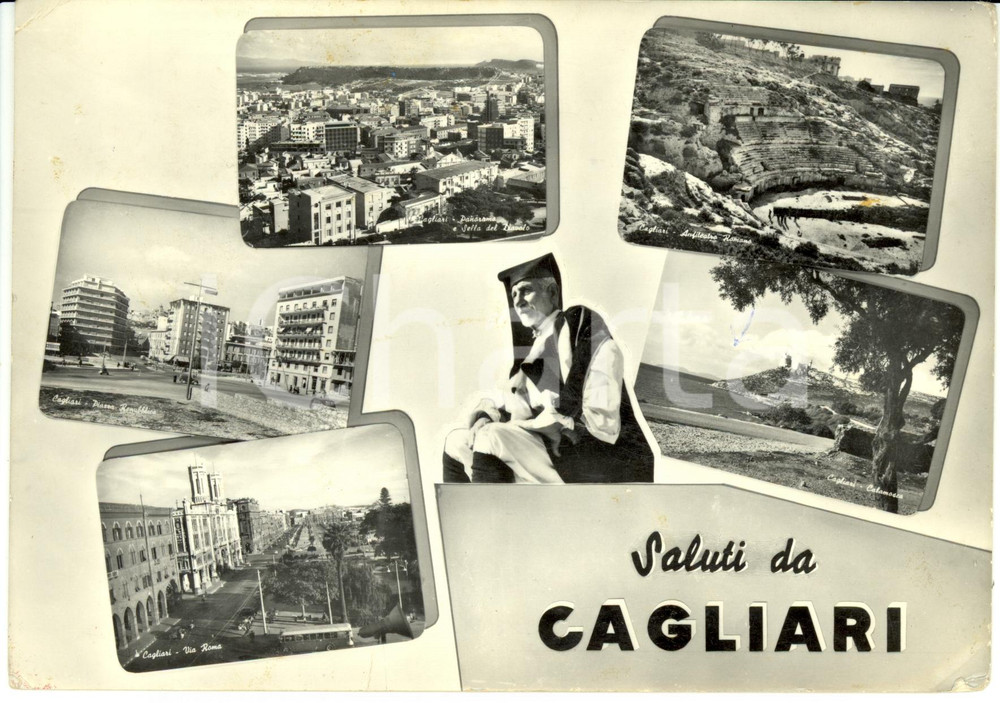 Cartolina originale da collezione 1957 CAGLIARI  Vedutine con  ANFITEATRO ROMANO e CALAMOSCA *Cartolina FG VG 1