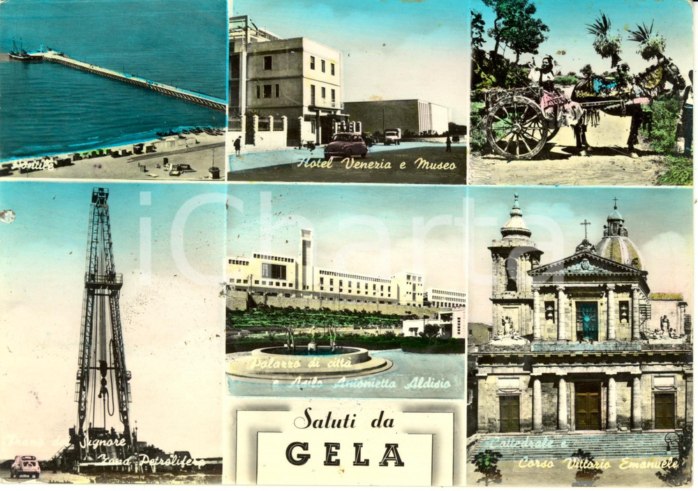 Cartolina originale da collezione 1959 GELA CL Vedutine con Piana del SIGNORE e HOTEL VENEZIA Cartolina FG VG 1