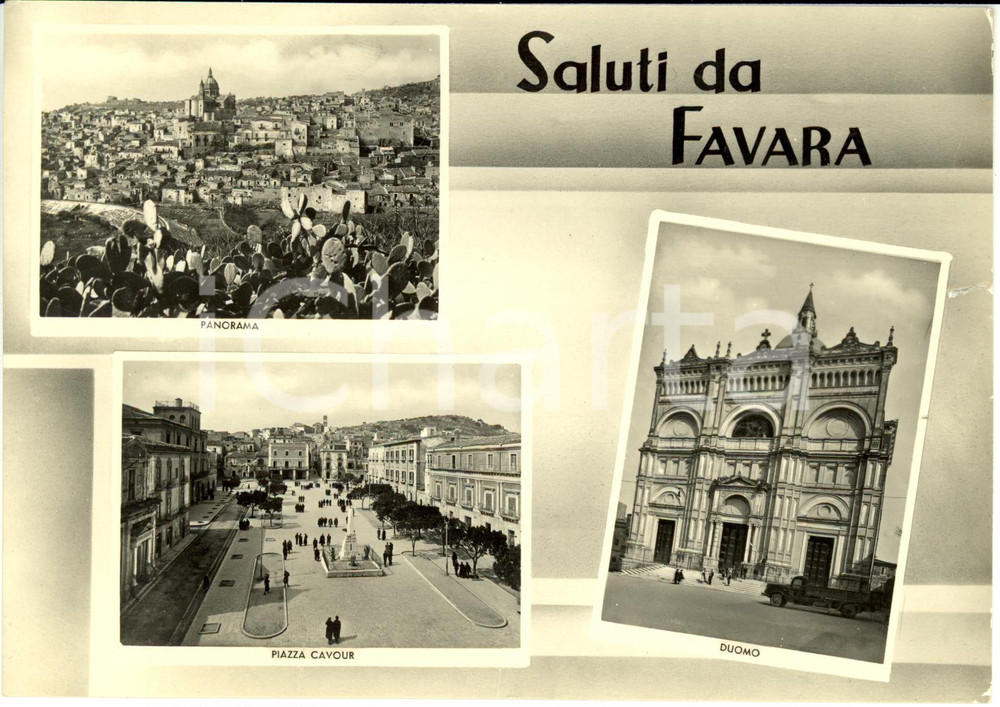 Cartolina originale da collezione 1952 FAVARA (AG) Vedutine con piazza CAVOUR e duomo * Cartolina ANIMATA FG VG 1