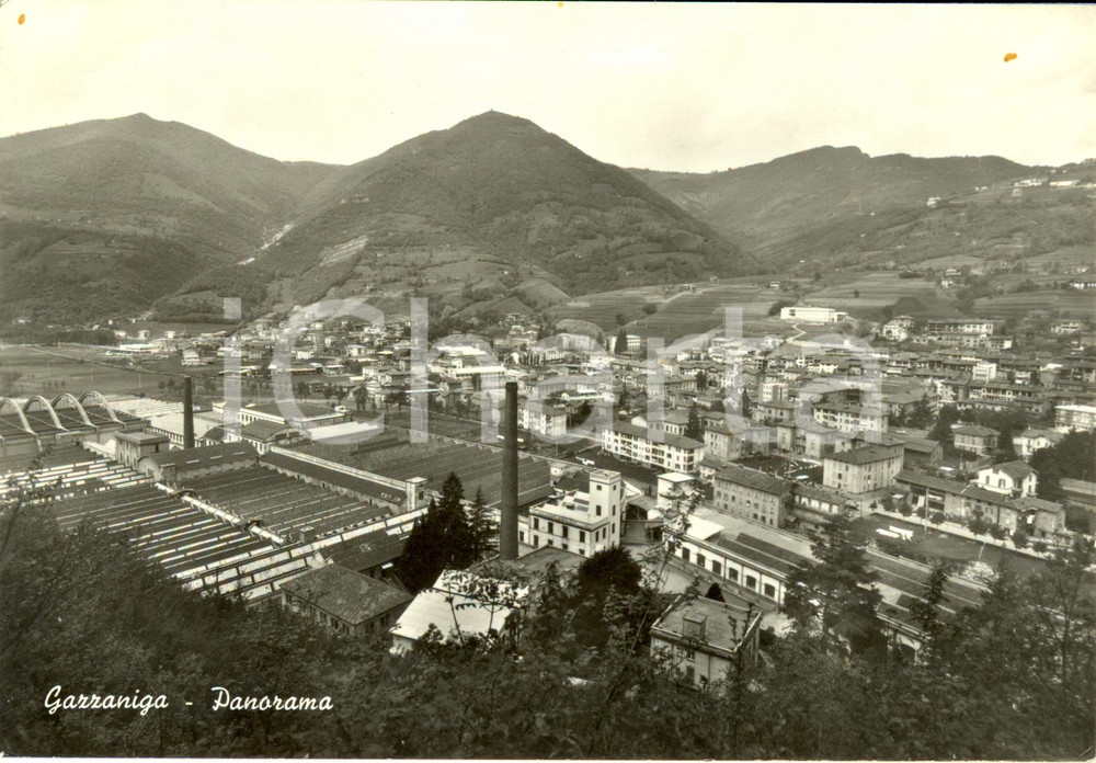 Cartolina originale da collezione 1977 GAZZANIGA (BG) Panorama montano con abitato e industrie *Cartolina FG VG 1