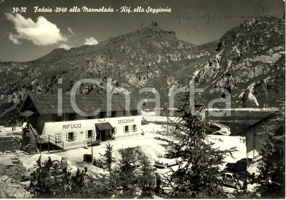 Cartolina originale da collezione 1958 PASSO FEDAIA (BL) Rifugio alla seggiovia lago e MARMOLADA *ANIMATA FG VG 1
