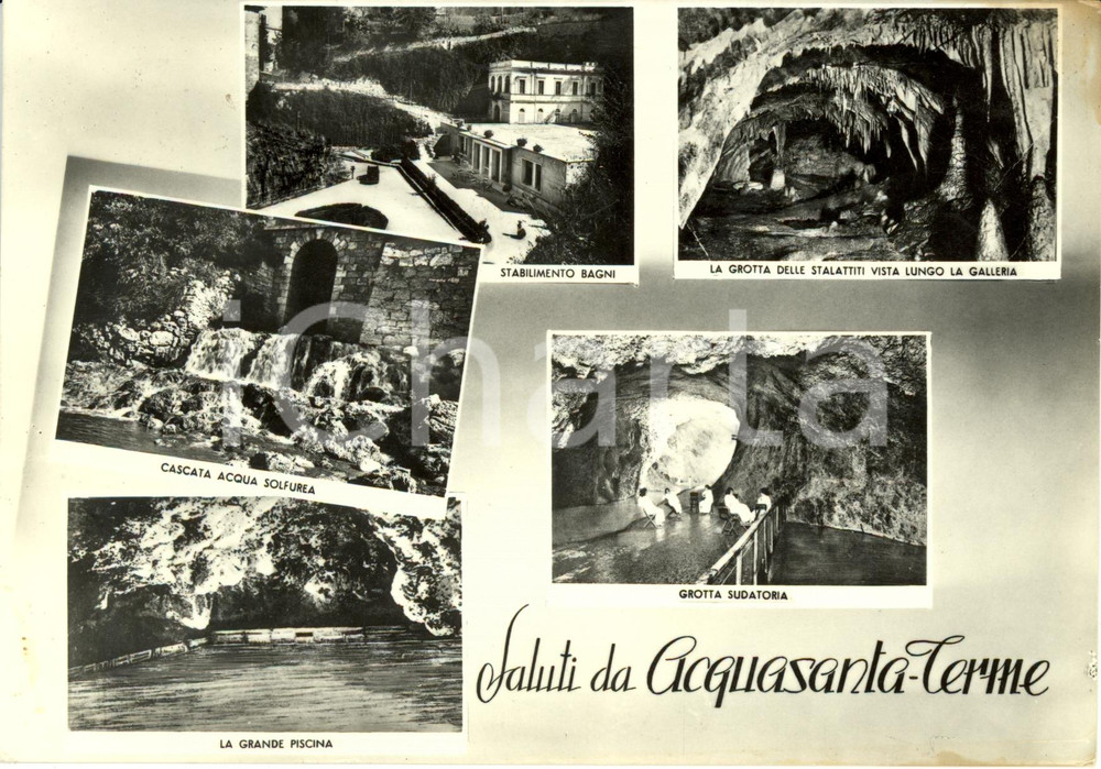 Cartolina originale da collezione 1955 ACQUASANTA TERME (AP) Vedutine con grotte e stabilimento bagni * FG VG 1