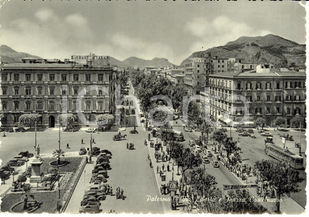 Cartolina originale da collezione 1960 PALERMO Via LIBERTA  e piazza CASTELNUOVO liquore STREGA ANIMATA FG VG 1