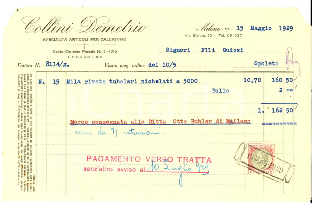 Documento originale, autentico 1929 MILANO Ditta Demetrio COLLINI articoli per calzature Fattura intestata 1