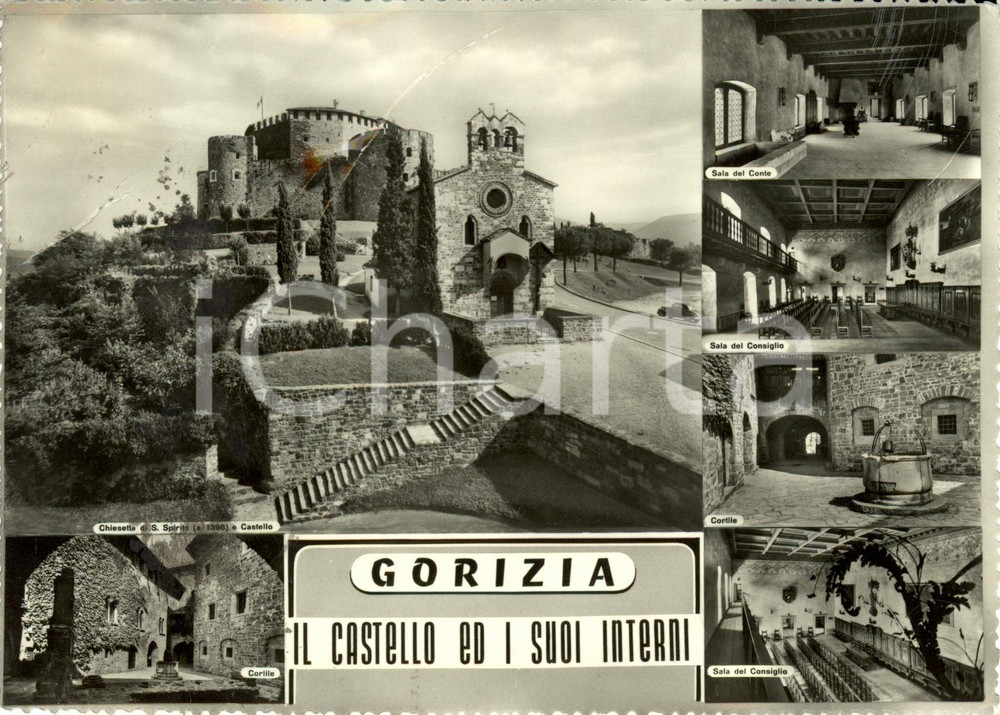 Cartolina originale da collezione 1957 GORIZIA Vedutine esterne e interne del castello *Cartolina DANNEGGIATA 1