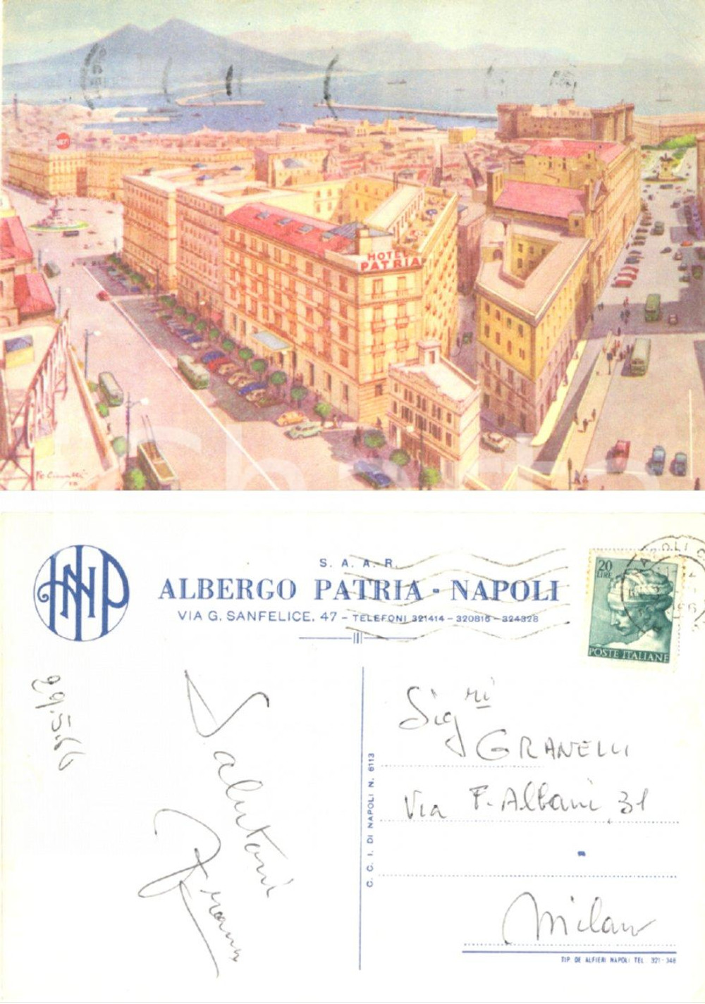 Cartolina originale da collezione 1966 NAPOLI Veduta aerea dell'albergo PATRIA *Cartolina FG VG ILLUSTRATA 1
