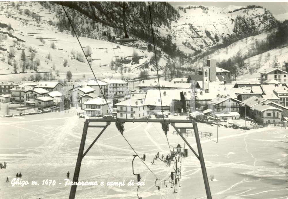 Cartolina originale da collezione 1957 PRALI (TO) Panorama e campi di sci presso GHIGO*Cartolina animata FG VG 1