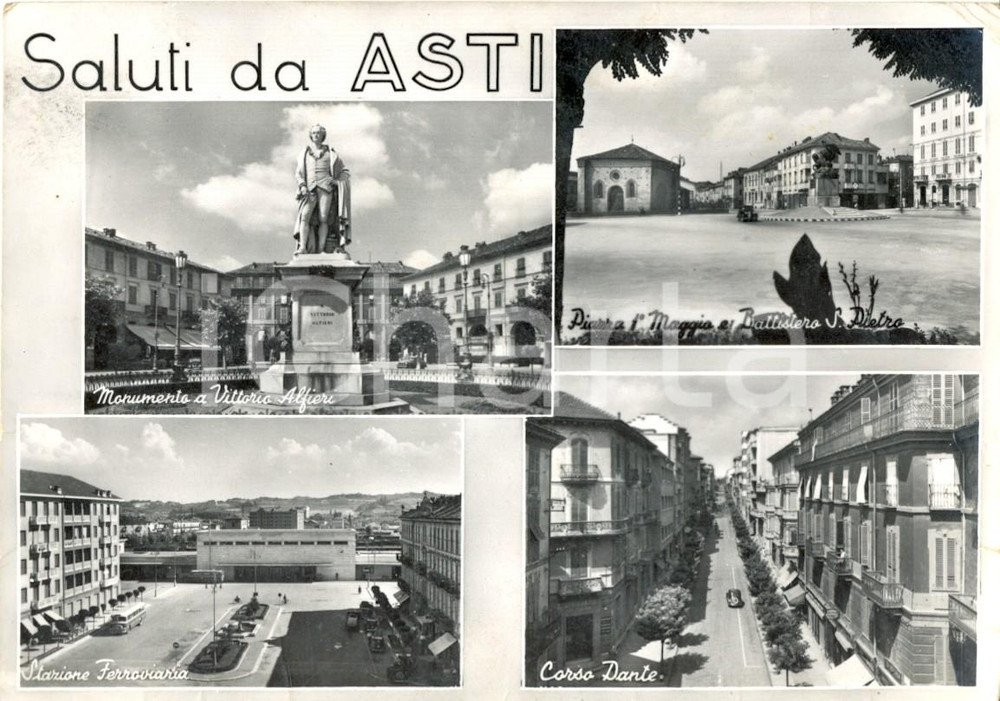 Cartolina originale da collezione 1950 ca ASTI Vedutine della cittÃ  con piazza 1Â° Maggio *Cartolina FG VG 1