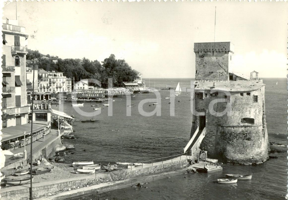 Cartolina originale da collezione 1955 RAPALLO GE Spiaggetta dei PESCATORI Hotel ITALIA e BAGNI TIGULLIO FG VG 1