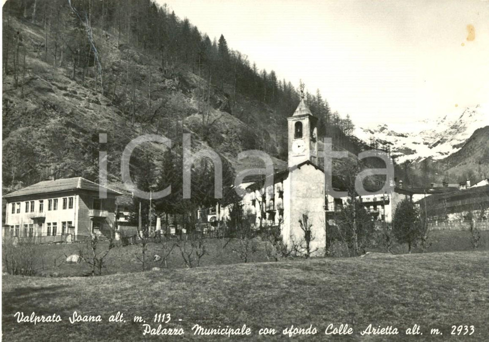 Cartolina originale da collezione 1953 VALPRATO SOANA TO Palazzo municipale con Colle ARIETTA Cartolina FG VG 1
