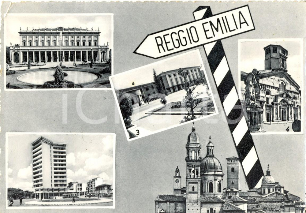 Cartolina originale da collezione 1957 REGGIO EMILIA Vedutine di PIAZZA DEL TRICOLORE Duomo e Teatro FG VG 1