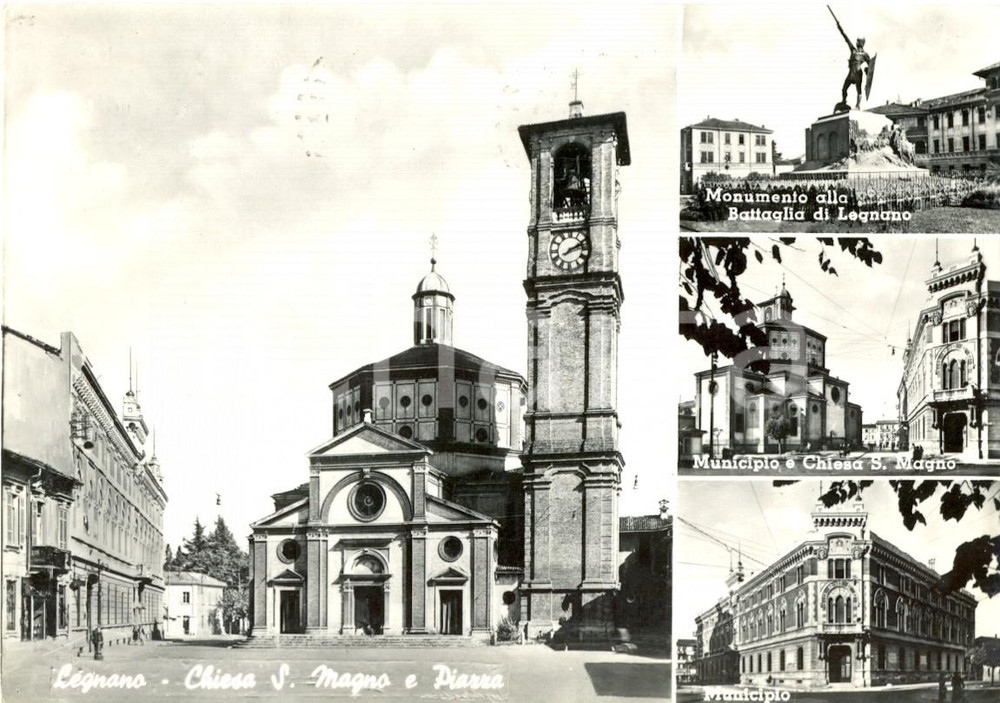 Cartolina originale da collezione 1958 LEGNANO (MI) Vedutine Chiesa SAN MAGNO e Monumento DELLA BATTAGLIA *FG VG 1