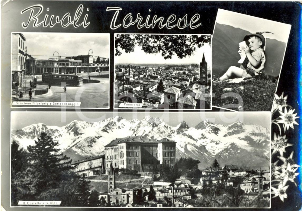 Cartolina originale da collezione 1959 RIVOLI (TO) Vedutine della STAZIONE FILOVIARIA e delle Alpi *FG VG 1