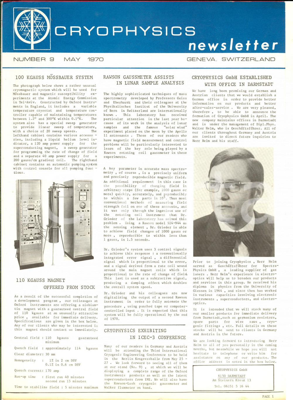Materiale pubblicitario d’epoca 1970 GENEVA CRYOPHYSICS   KGAUSS System  VINTAGE newsletter n°9 1