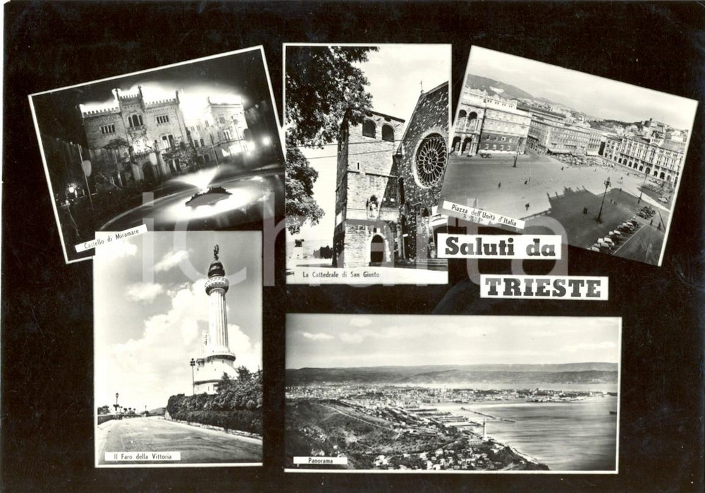Cartolina originale da collezione 1958 TRIESTE Vedutine Castello di MIRAMARE e CATTEDRALE DI SAN GIUSTO FG VG 1