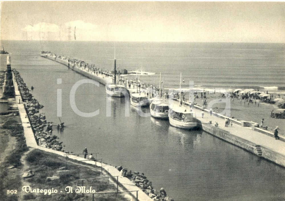 Cartolina originale da collezione 1955 ca VIAREGGIO ( LU) Veduta del molo con bagnanti sulla spiaggia *FG VG 1