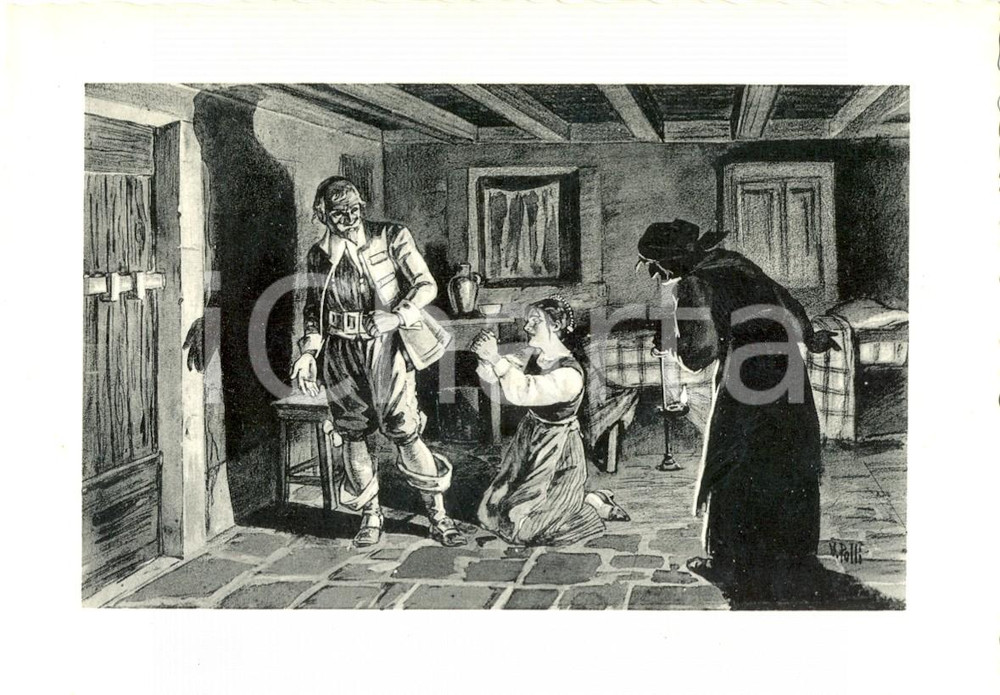 Cartolina originale da collezione 1940 ca PROMESSI SPOSI Lucia in ginocchio davanti all'Innominato Incisore POLLI 1