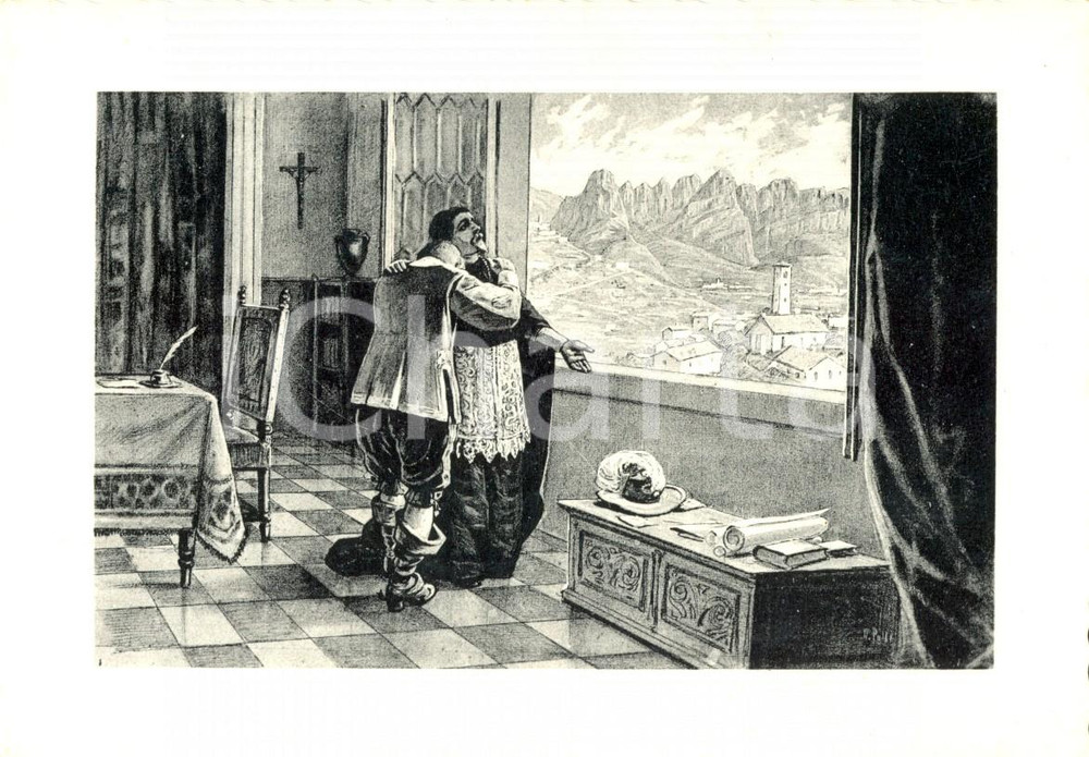 Cartolina originale da collezione 1930 ca PROMESSI SPOSI Federigo BORROMEO consola L'INNOMINATO Incisore V. POLLI 1