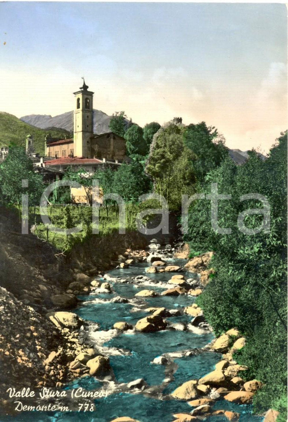 Cartolina originale da collezione 1956 DEMONTE (CN) Scorcio della Chiesa parrocchiale VALLE STURA *Cartoline FG VG 1